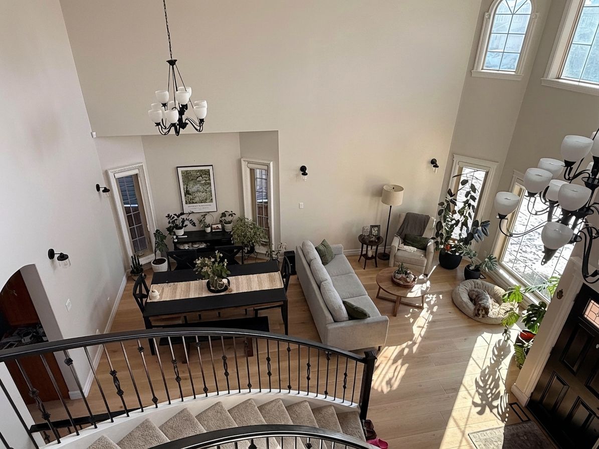 Living room with sofa facing window and reading corner designed by AI