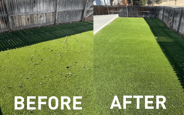 Image showing a side-by-side comparison of a lawn labeled "Before" and "After," highlighting a transformation when poop has been removed by the Scoopers team.