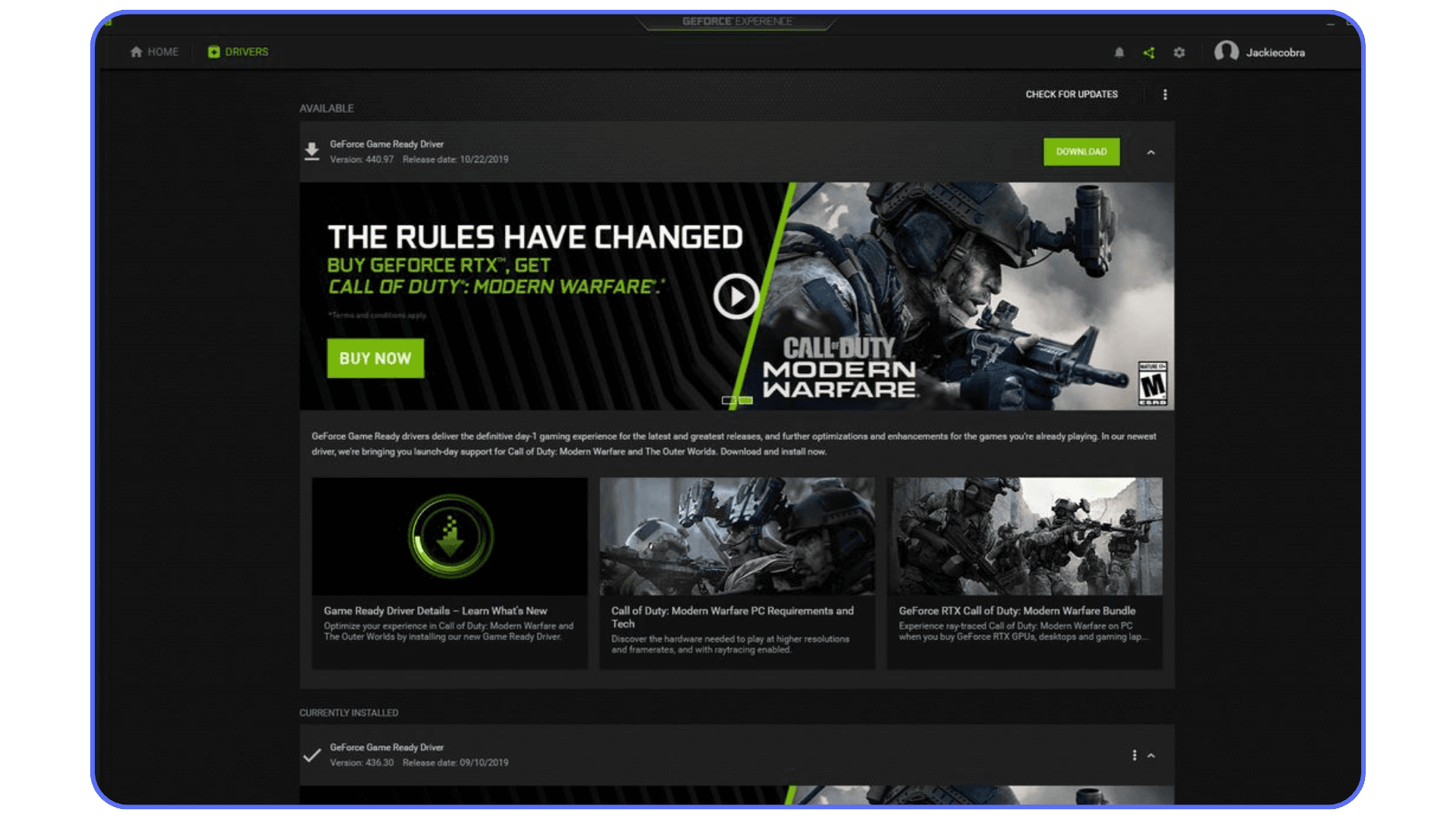 NVIDIA GeForce Experience software interface used to update GPU drivers, ensuring optimal AutoCAD performance and stability.