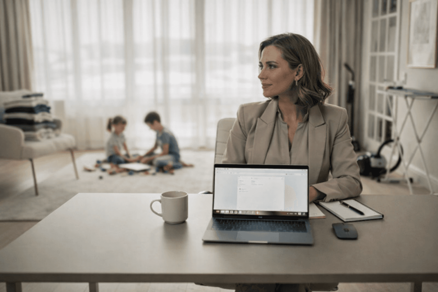 Frau arbeitet konzentriert am Laptop im Homeoffice, während Kinder im Hintergrund spielen – Balance zwischen Beruf, Familie und mentaler Belastung