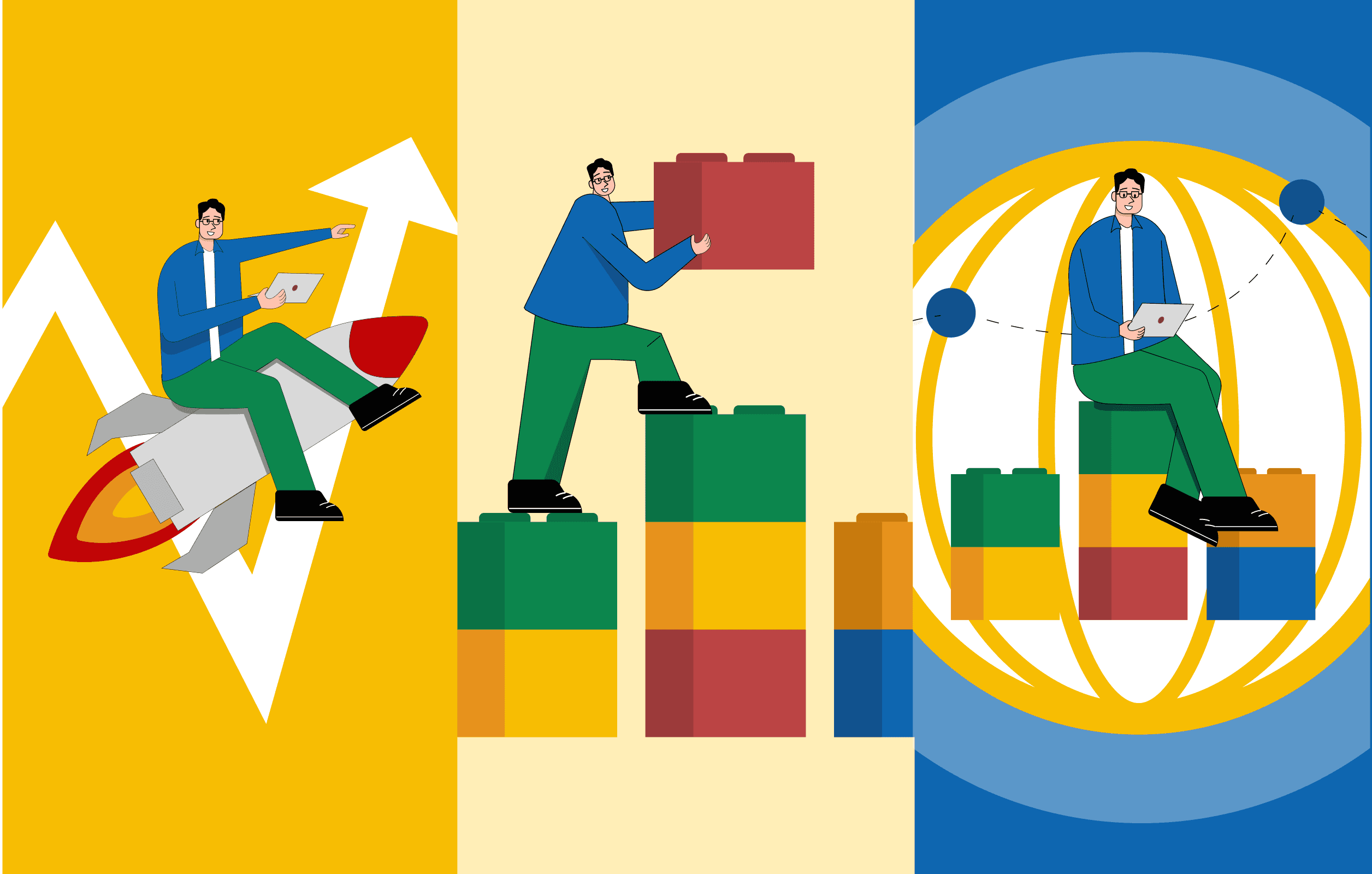 Illustration representing B2B marketing strategies tailored to different company sizes, showing growth, scaling, and enterprise structure.