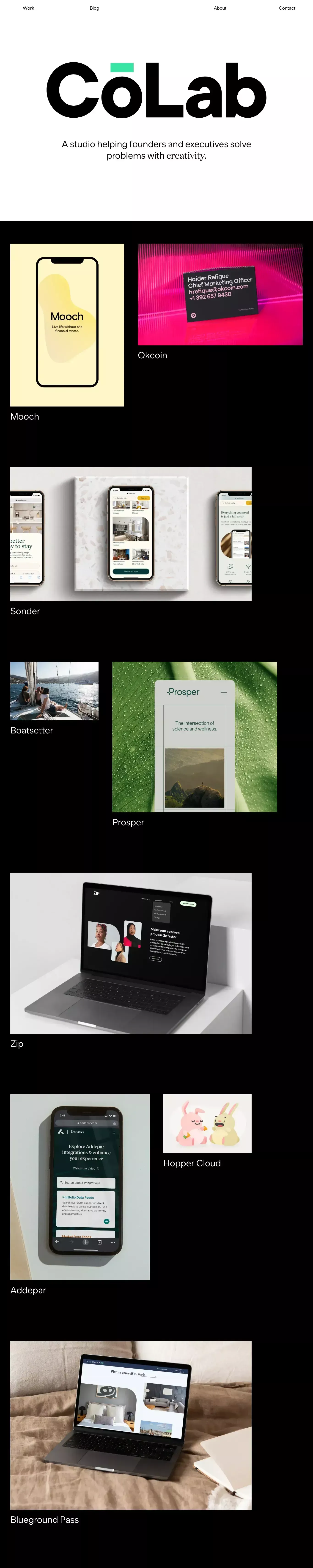 Homepage - Cōlab portfolio page screenshot showcasing Design and Tech design