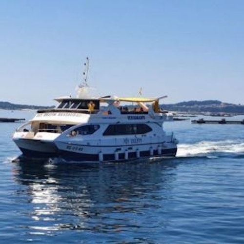 Un ferry de pasajeros blanco con la palabra "Restaurante" escrita en su lado navega a través de aguas azules y tranquilas en un día soleado. Se ven colinas en la distancia.