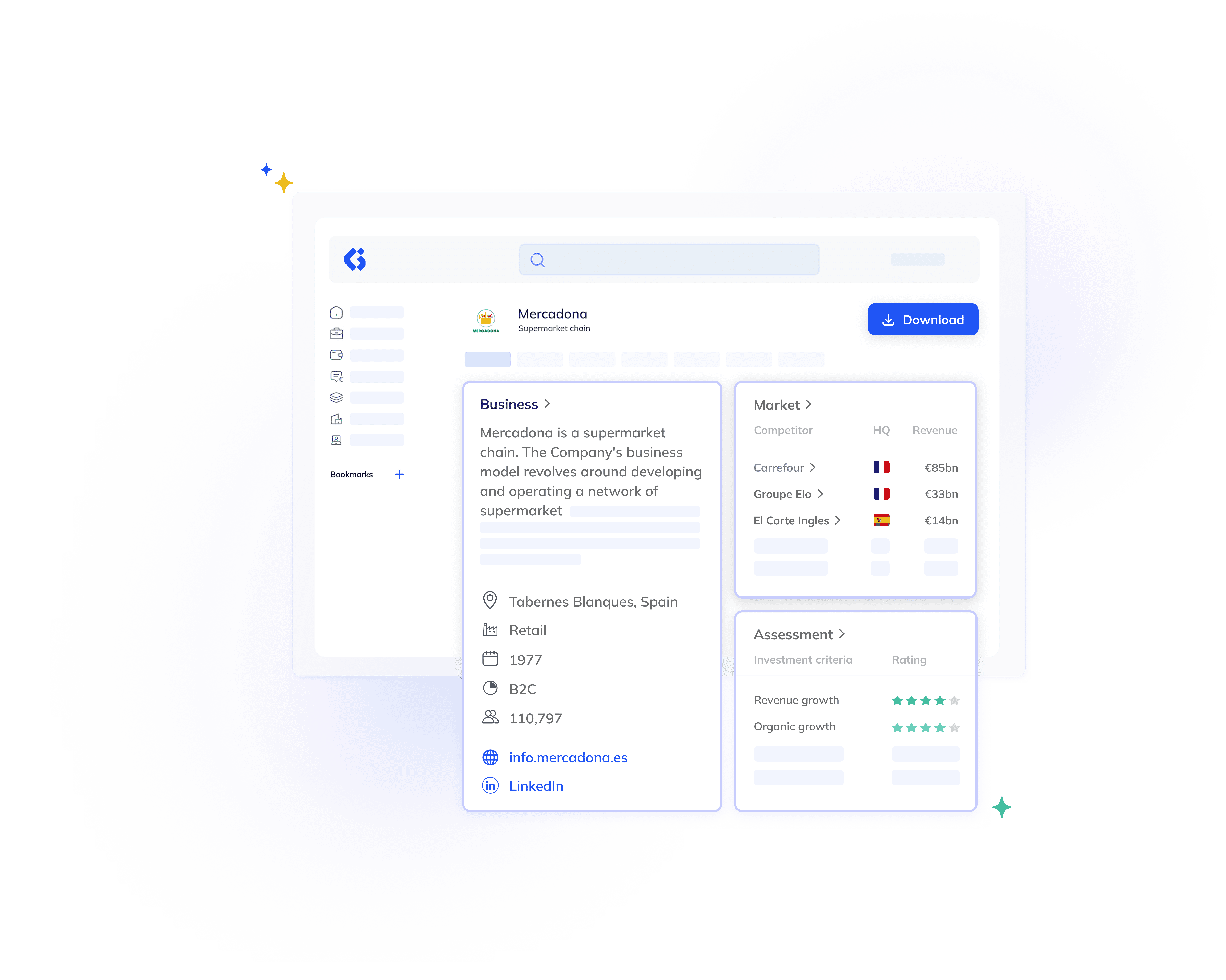 A digital interface displays information about Mercadona, including business details, market size by country, assessment, and company contact info, over a light abstract background.