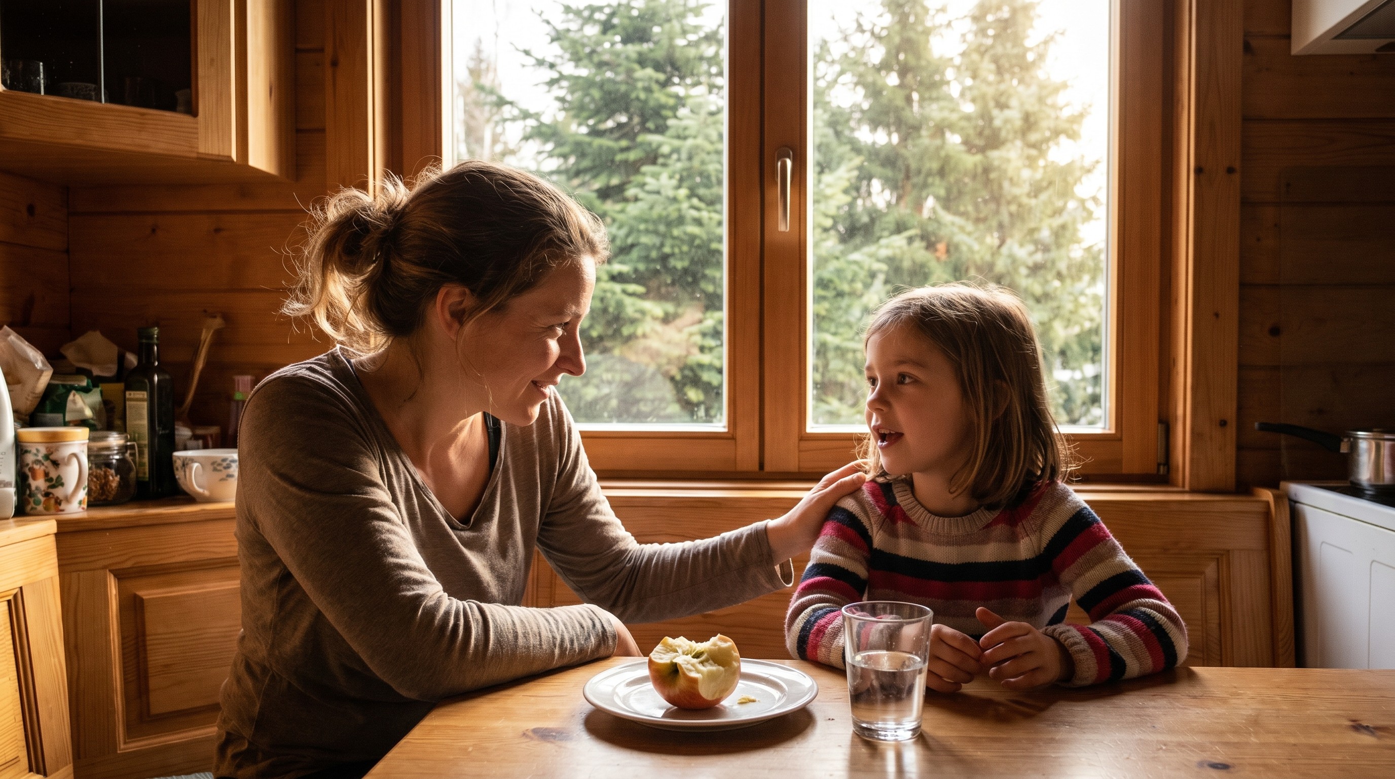 Mother listening to her young daughter at a sunlit kitchen table with apple and water glass nearby