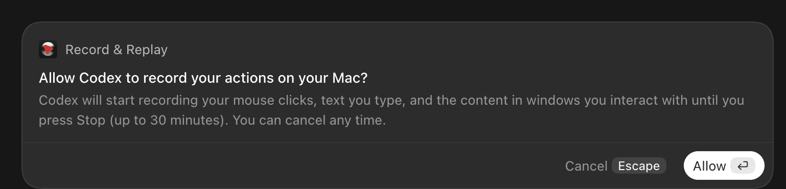 Allowing Codex to record actions on Mac