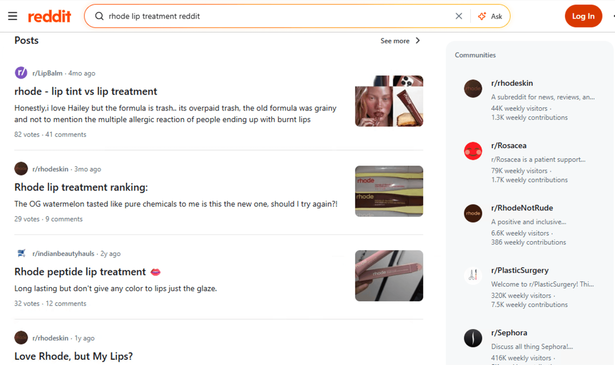 Reddit search results for Rhode peptide lip treatment reviews and community discussions.