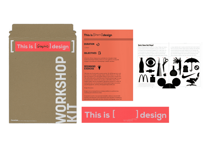 The image shows a brown cardboard box labeled “This is [Graphic] design” on the left side. To the right of the box are three orange flyers stacked vertically. The top flyer is titled “This is [Graphic] design” and includes sections labeled “Duration,” “Objectives,” “Beginning Exercise,” and “Quick, Name that Shape!” with corresponding black-and-white illustrations. The bottom flyer is titled “This is [Graphic] design” and includes black-and-white illustrations of design-related items like a bottle, eye, scissors, and coffee cup. The word “Duration” appears on the bottom left of the bottom flyer.
