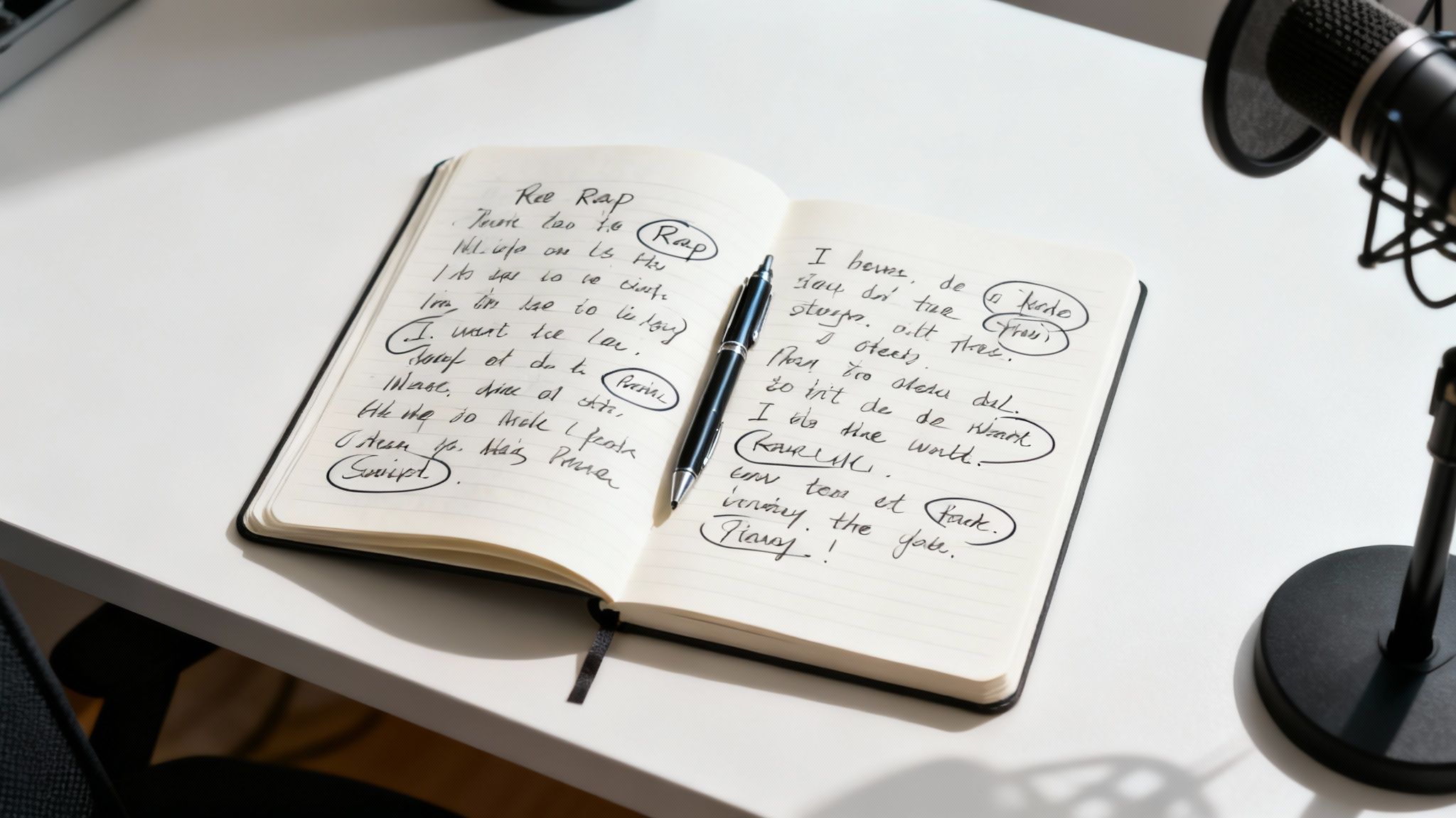 A rapper writing lyrics in a notebook, focused and in a creative zone.