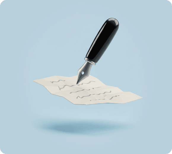 3D fountain pen writing on a piece of paper, representing content optimization and writing for AI bots.