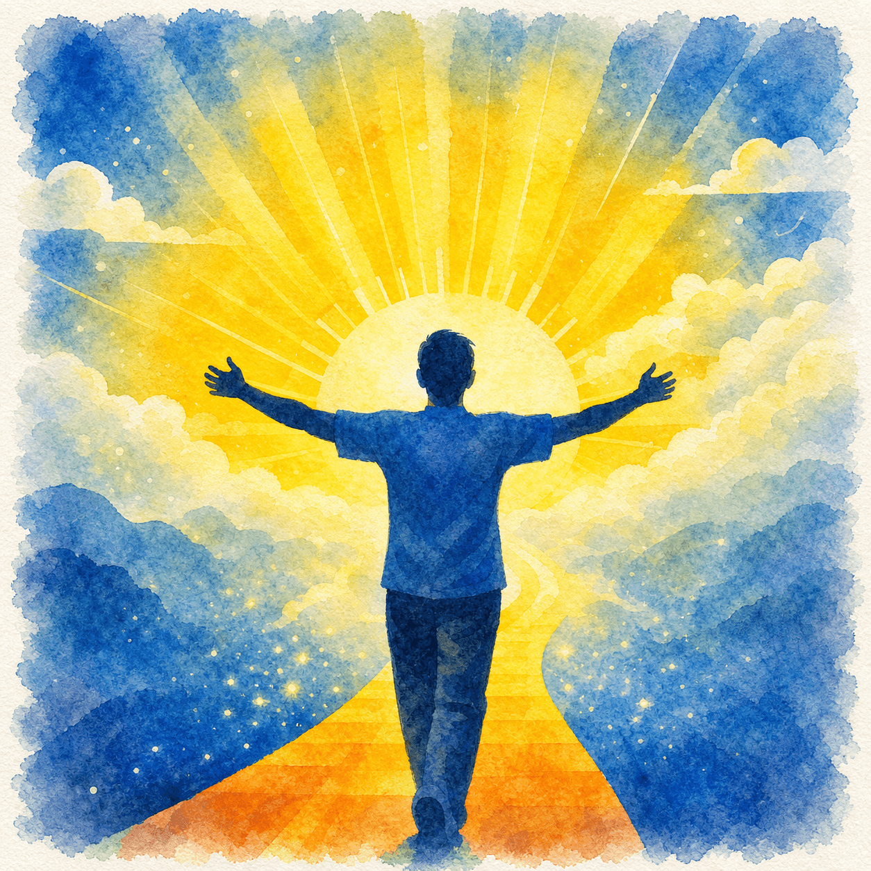 Man with arms outstretched walking towards a bright sun