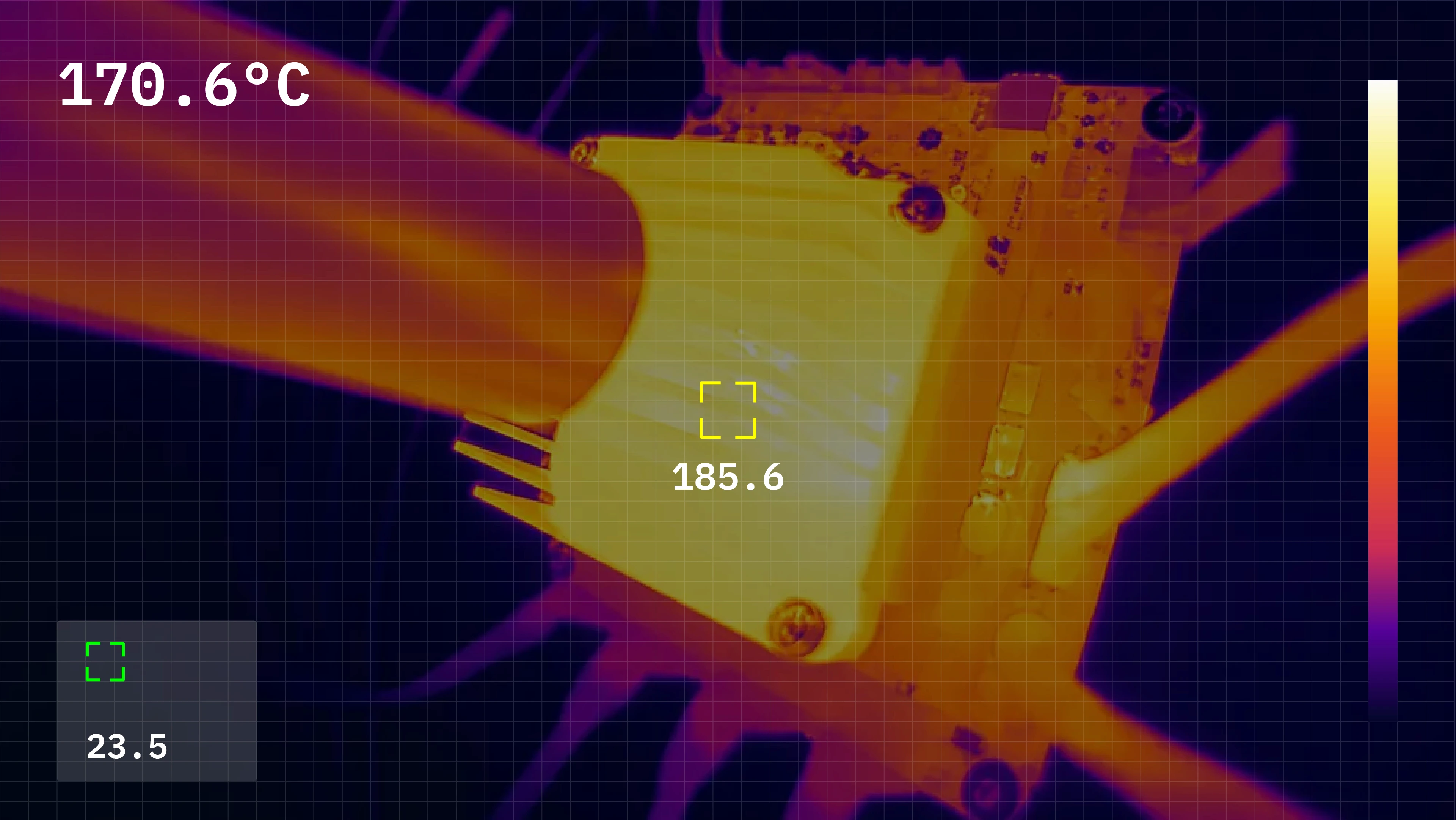 Thermal image of the heatsinked UbiSwitch during high-temperature testing, spot reading 185.6