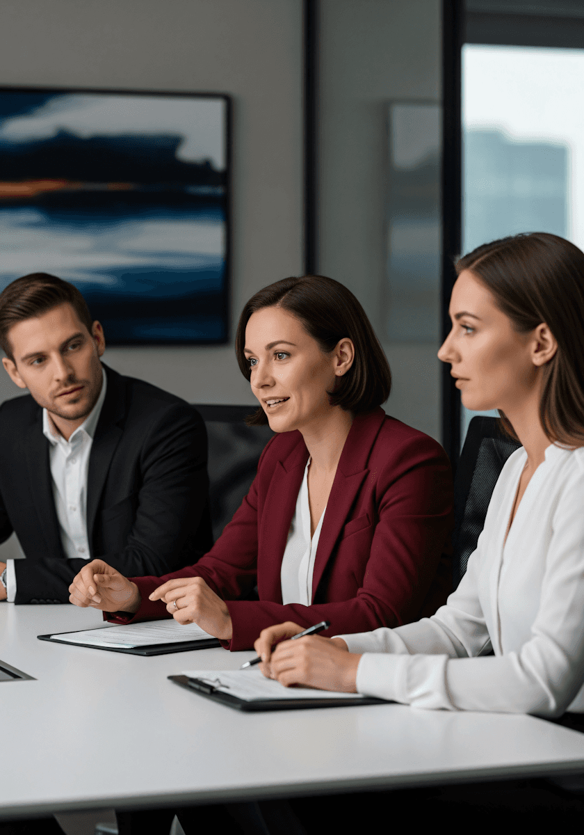 three professional people sitting in a desk