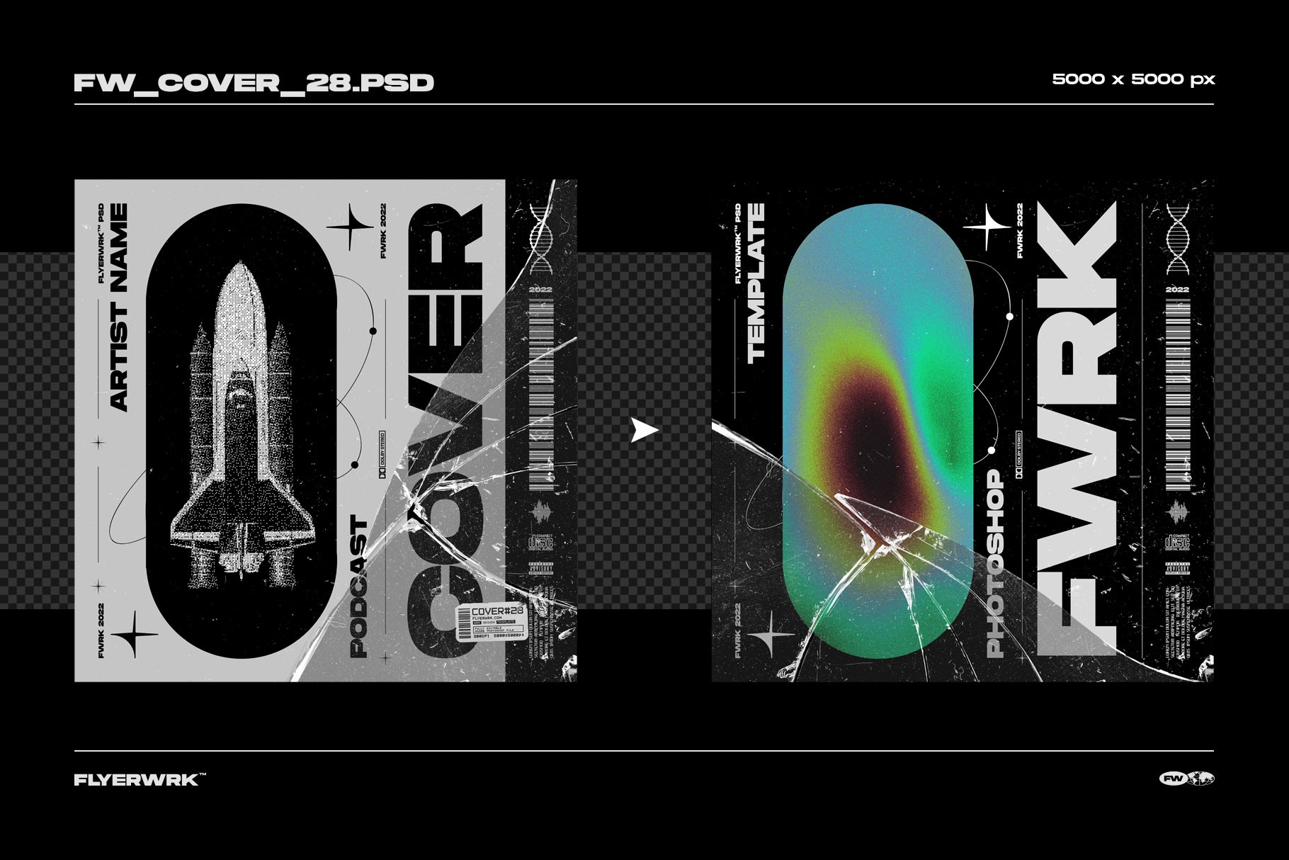 Creative album cover template featuring a space shuttle illustration and thermal glitch user interface elements