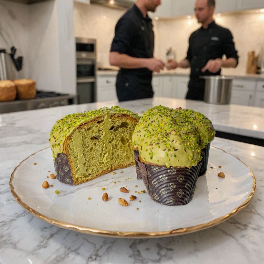 Pistachio cake in a restaurant with a chef in the background, made with Caspa AI