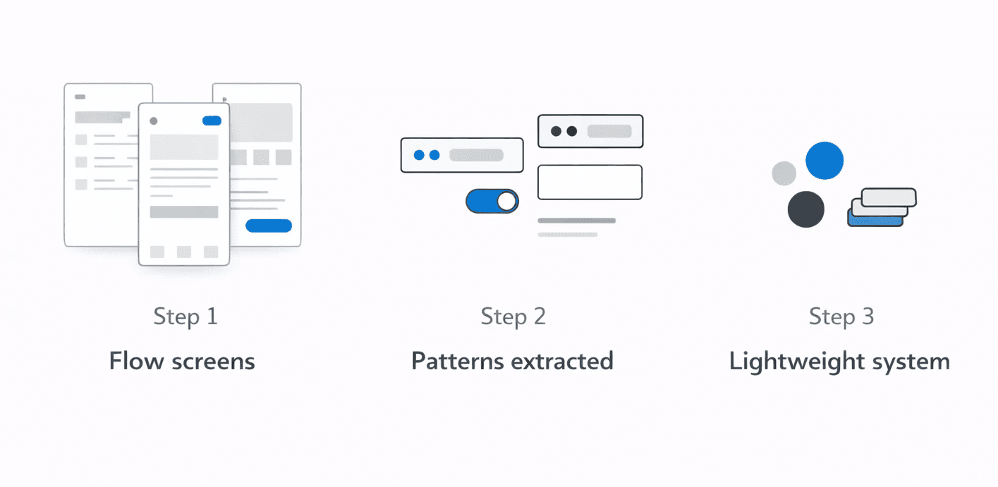 Progressive refinement from a few screens into a lightweight design system.