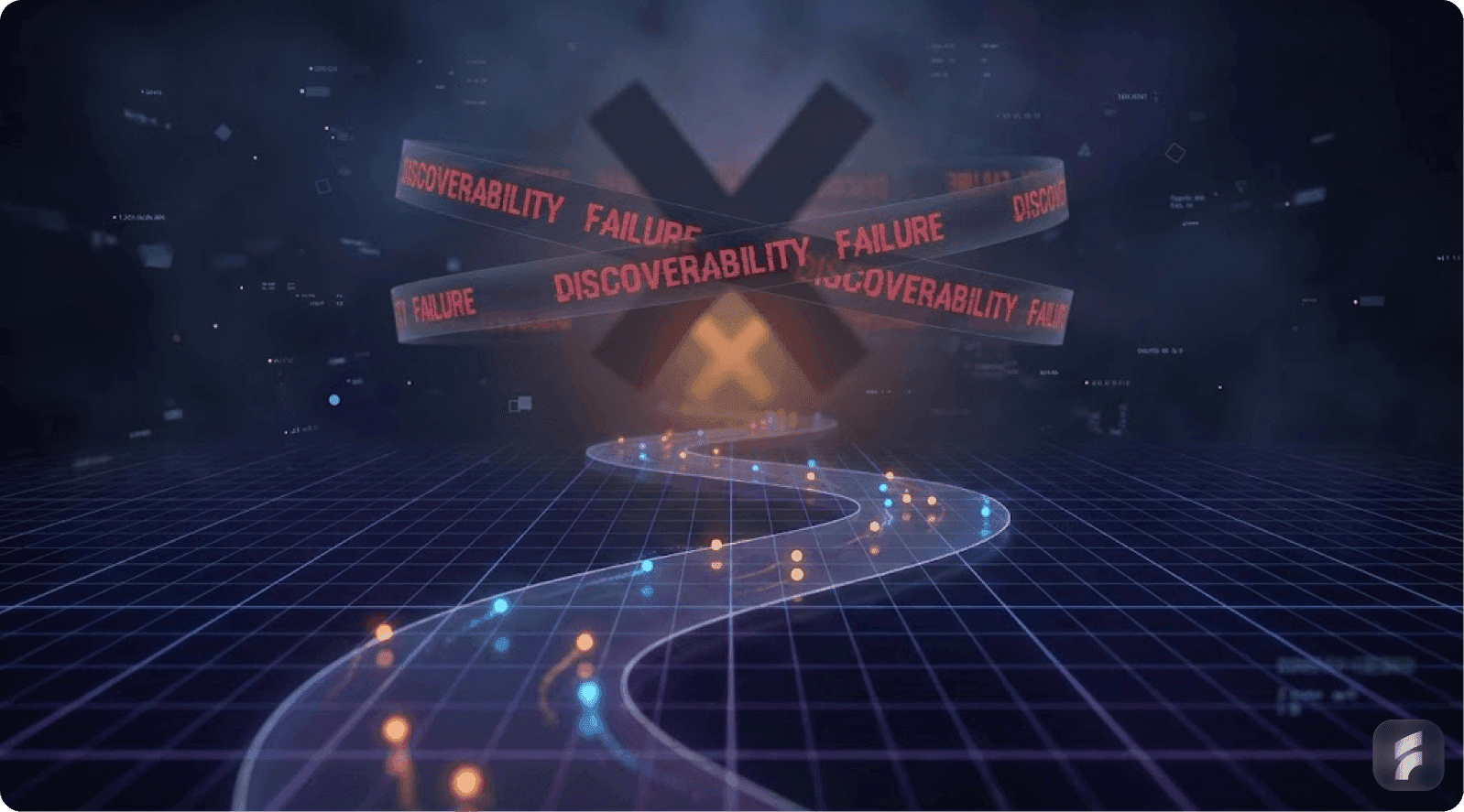 A 3D visualization of failure in SaaS feature discoverability, with the word 'FAILURE' in red across the path and a winding trail of dots indicating the journey to success.