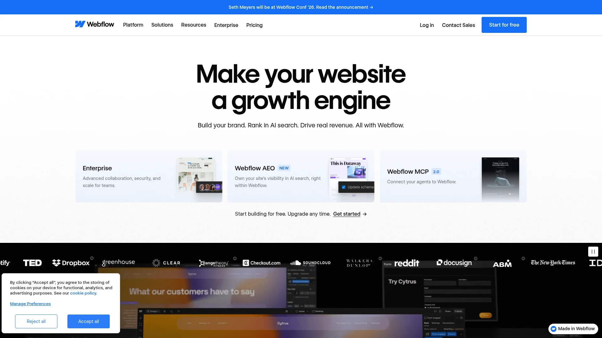 Webflow free plan AI website builder homepage