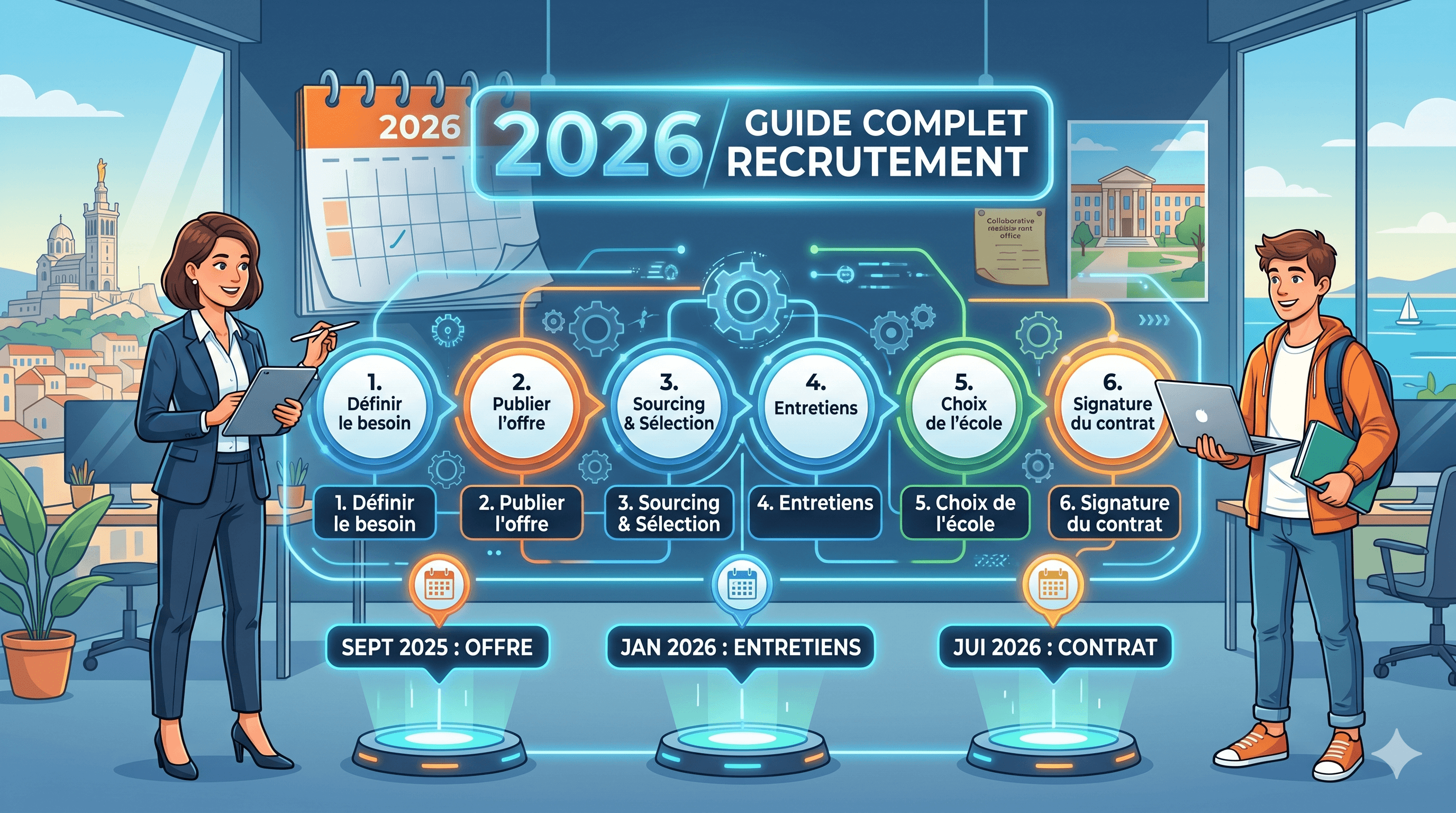 Illustration moderne du processus de recrutement d'un alternant en 2026 sous forme de guide étape par étape. On y voit une responsable RH et un jeune candidat interagissant avec une frise chronologique lumineuse incluant la définition du besoin, les entretiens et la signature du contrat, avec une vue sur Marseille en arrière-plan.