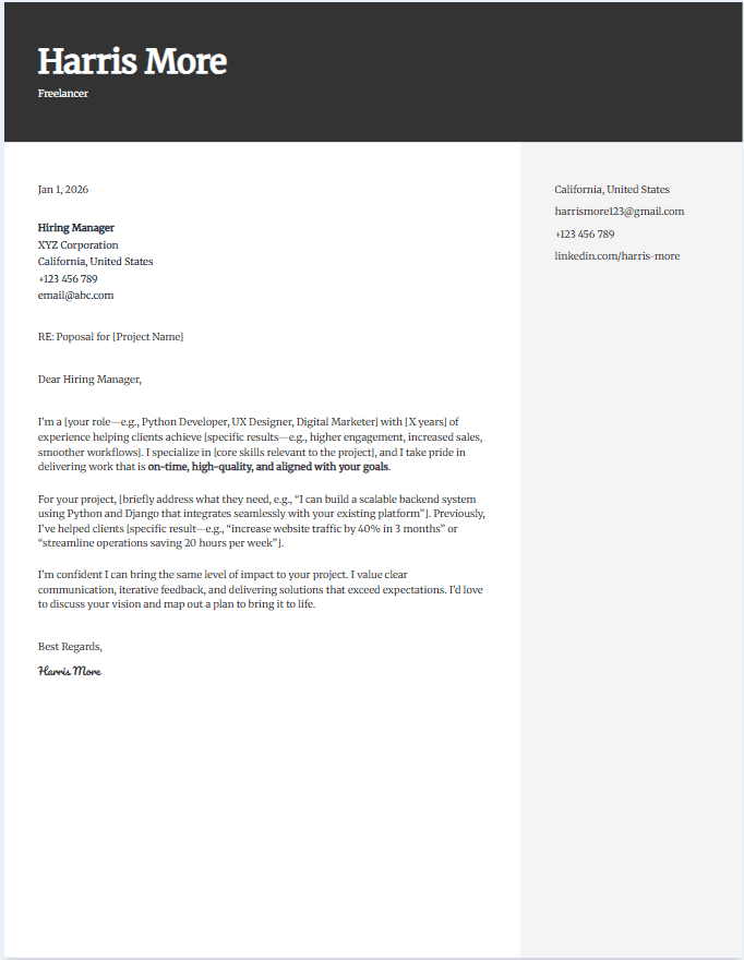 Cover letter template for freelancer