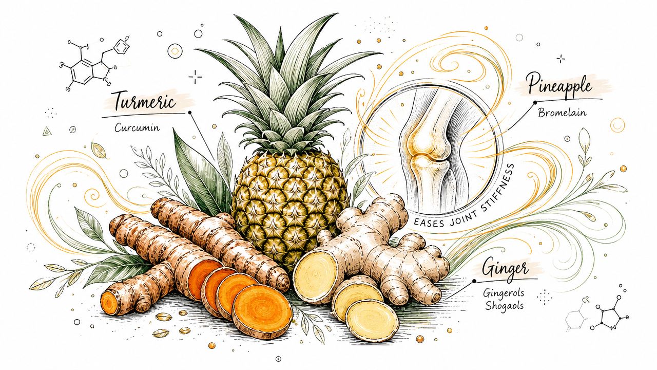 An artistic illustration featuring turmeric, pineapple, and ginger as natural supplements to ease joint stiffness.