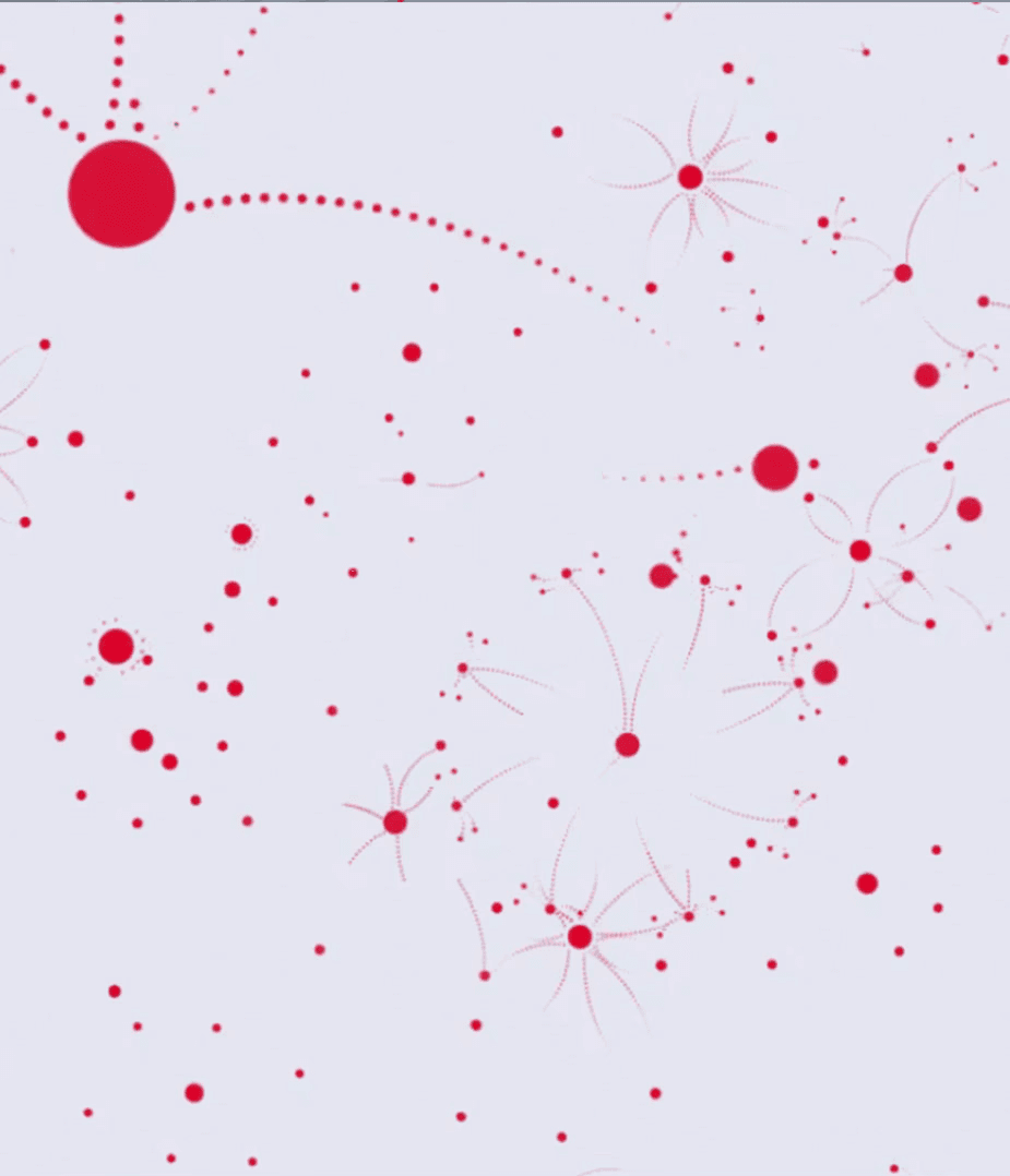 Animated red dot network infographic visualizing complex data connections, created for Verizon explainer video series to illustrate enterprise technology concepts.