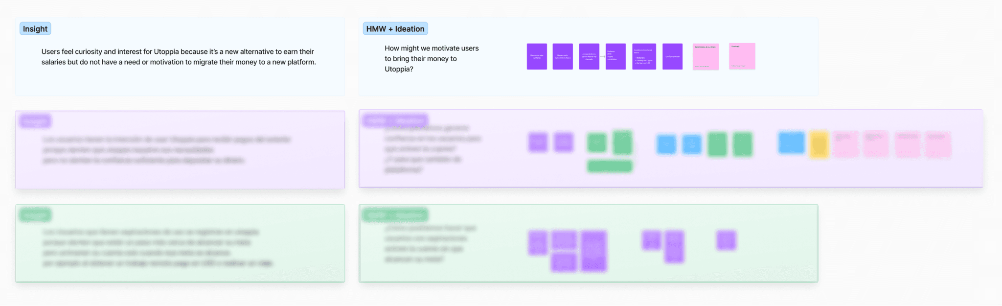 Screenshot of a FigJam board showing insights and HMW questions generated during the research analysis process.