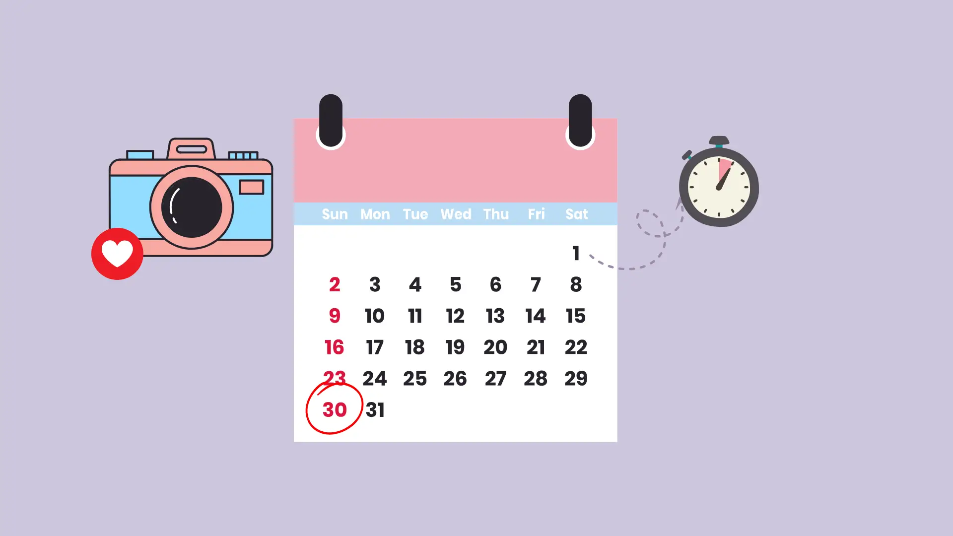 A graphic illustrating the "30-Day Rule" for avoiding impulse purchases. On the left, a camera icon with a heart represents a desired item. In the center, a monthly calendar has a date 30 days in the future circled. A stopwatch icon points to the beginning of the month, symbolizing the start of a waiting period before making a decision.