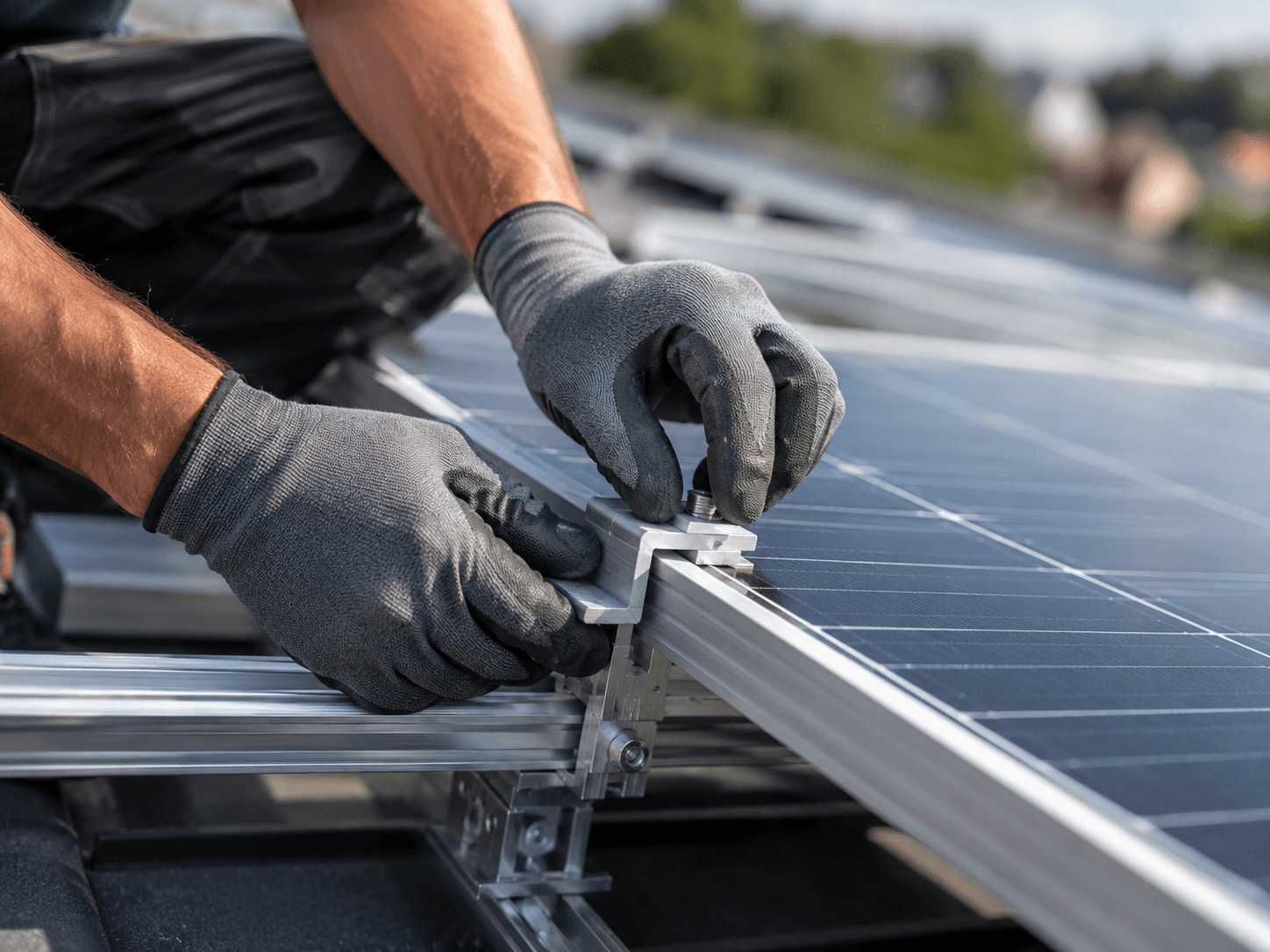 Hände eines Installateurs setzen ein Solarmodul in eine Montageschiene ein