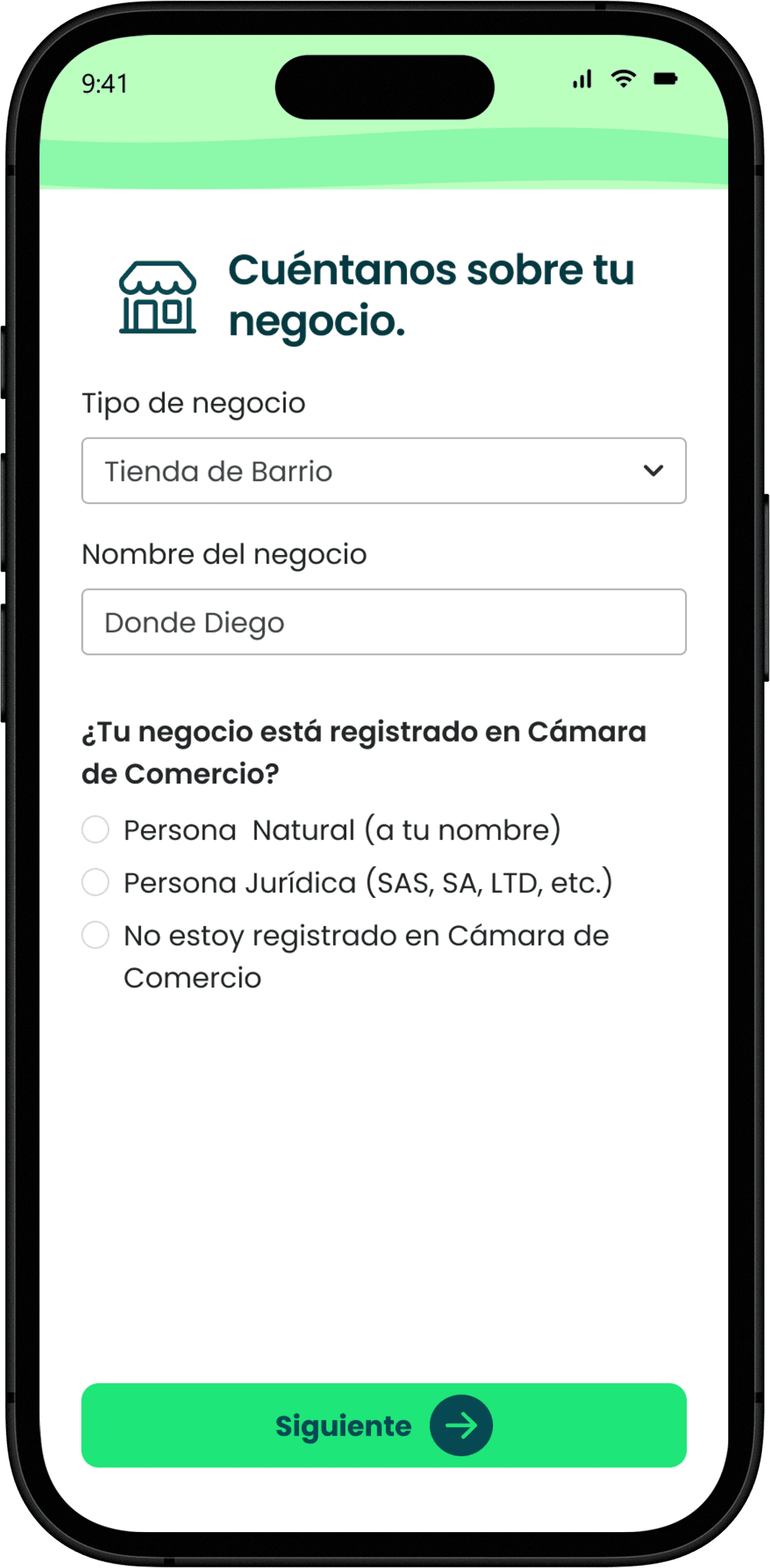 Formulario en la app de zíro para registrar un negocio y acceder a crédito sin intereses