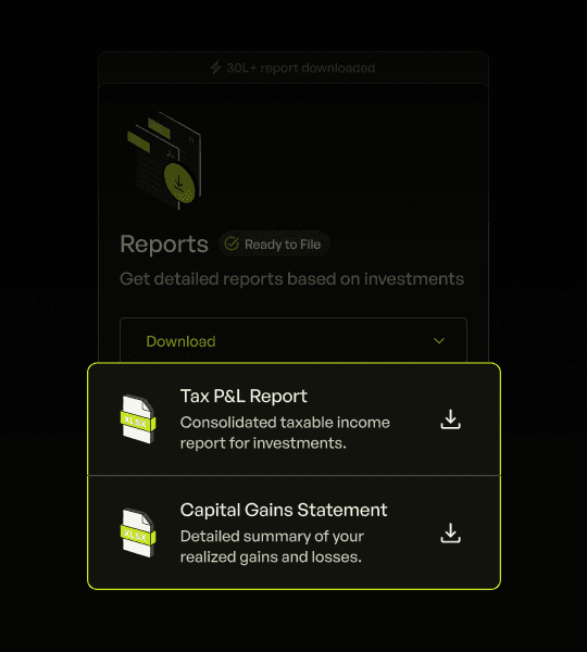 screen showing that users can download two tax documents; Tax P&L Report and the Capital Gains Statement on PnL Page