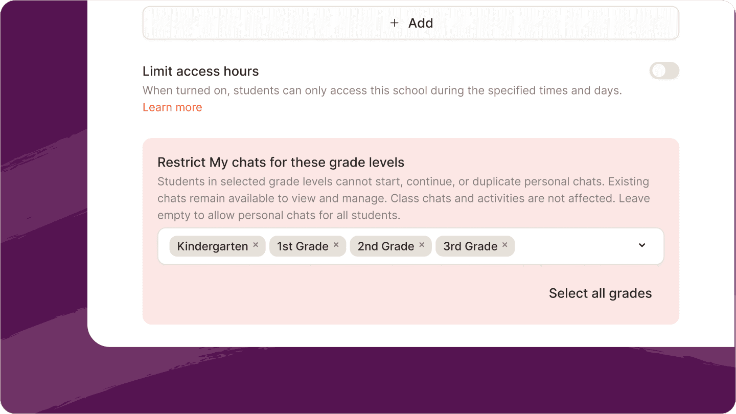 Screenshot of grade level restriction for chatting with Sparky