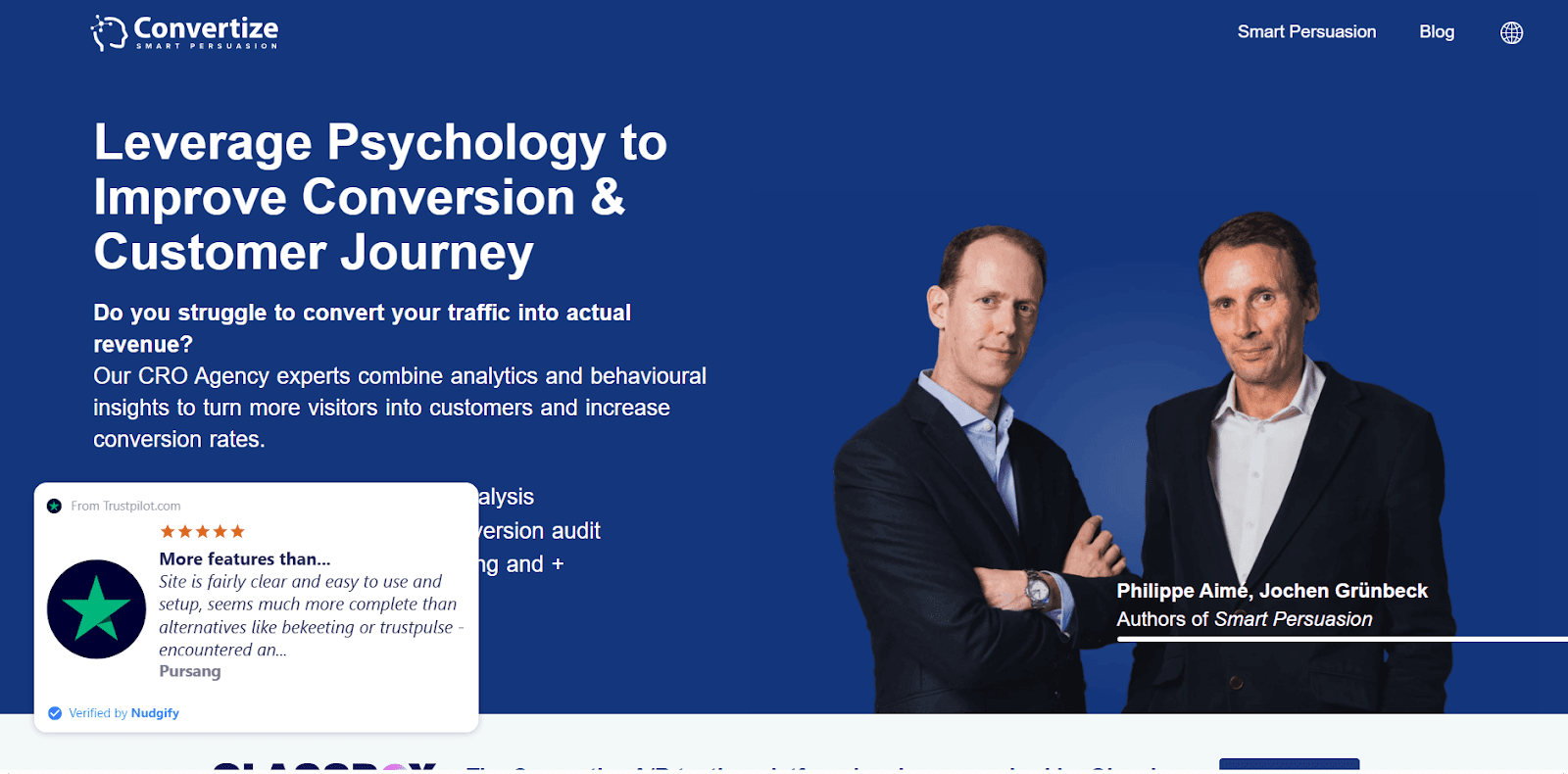 Convertize homepage featuring conversion optimization experts Philippe Aime and Jochen Grünbeck.