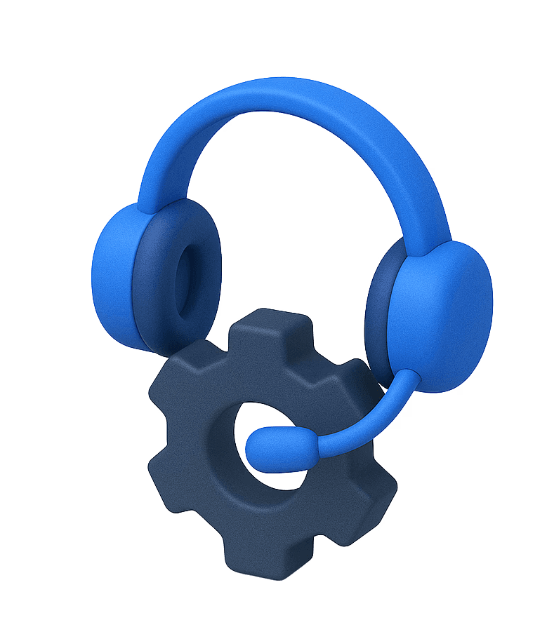 A headphone set with a microphone, sitting behind a gear, to support the title "support and strategy." It is a stylized blue 3D logo made for CSIT