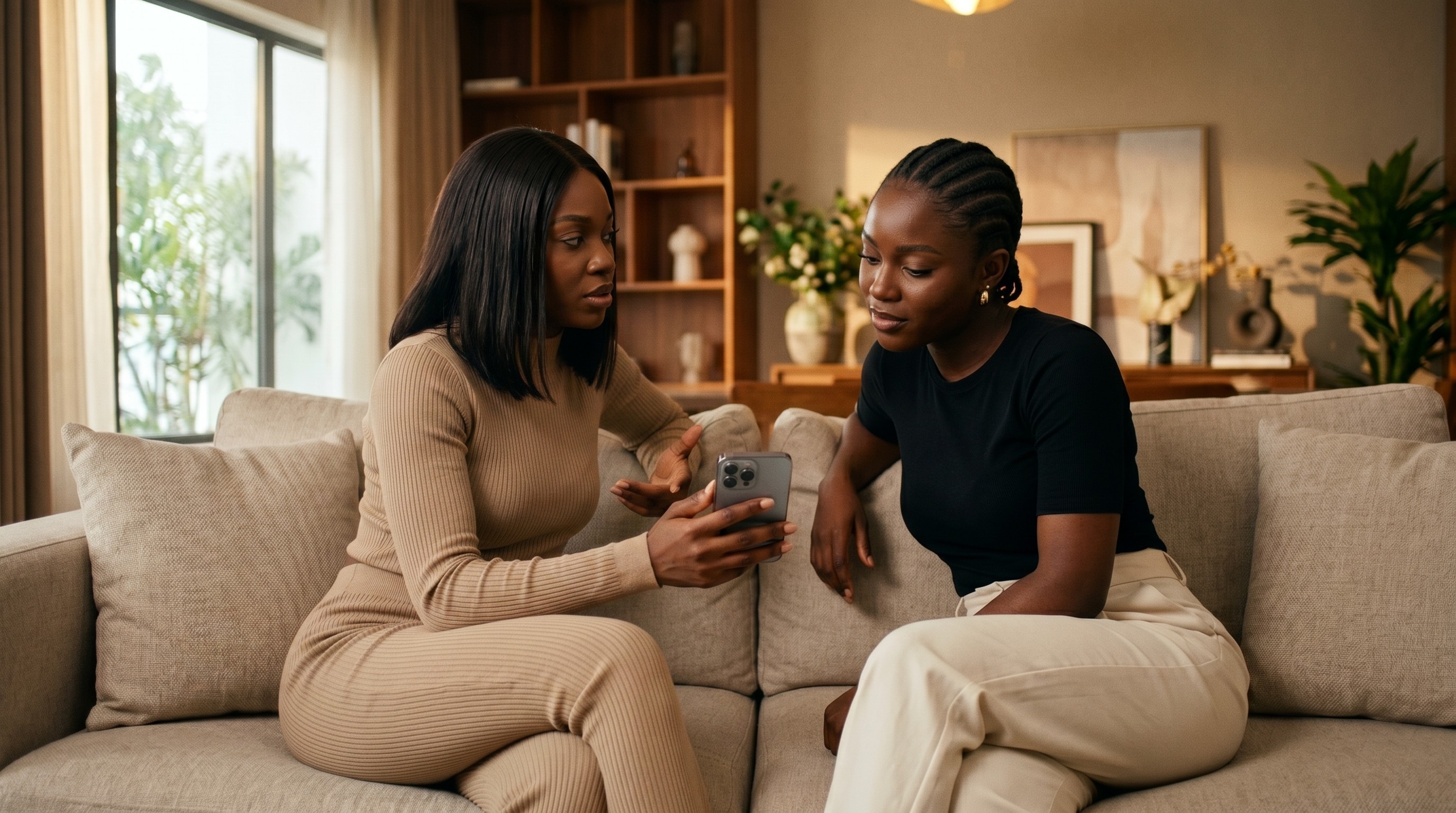 Two women sit on a couch reviewing something on a smartphone