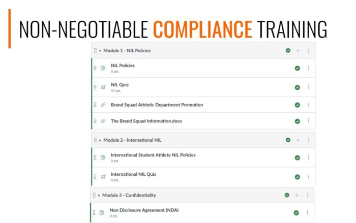 Screenshot of a training module list titled “Non-Negotiable Compliance Training.” Sections include NIL Policies, International NIL, and Confidentiality, with quizzes and informational videos under each.