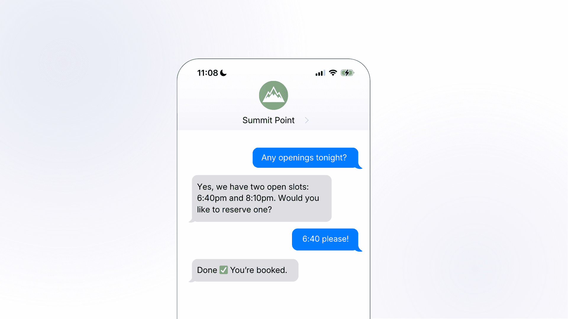 A smartphone mockup showing a brief SMS conversation with Summit Point, where a customer asks about same-day availability and books a 6:40pm slot in just three messages.
