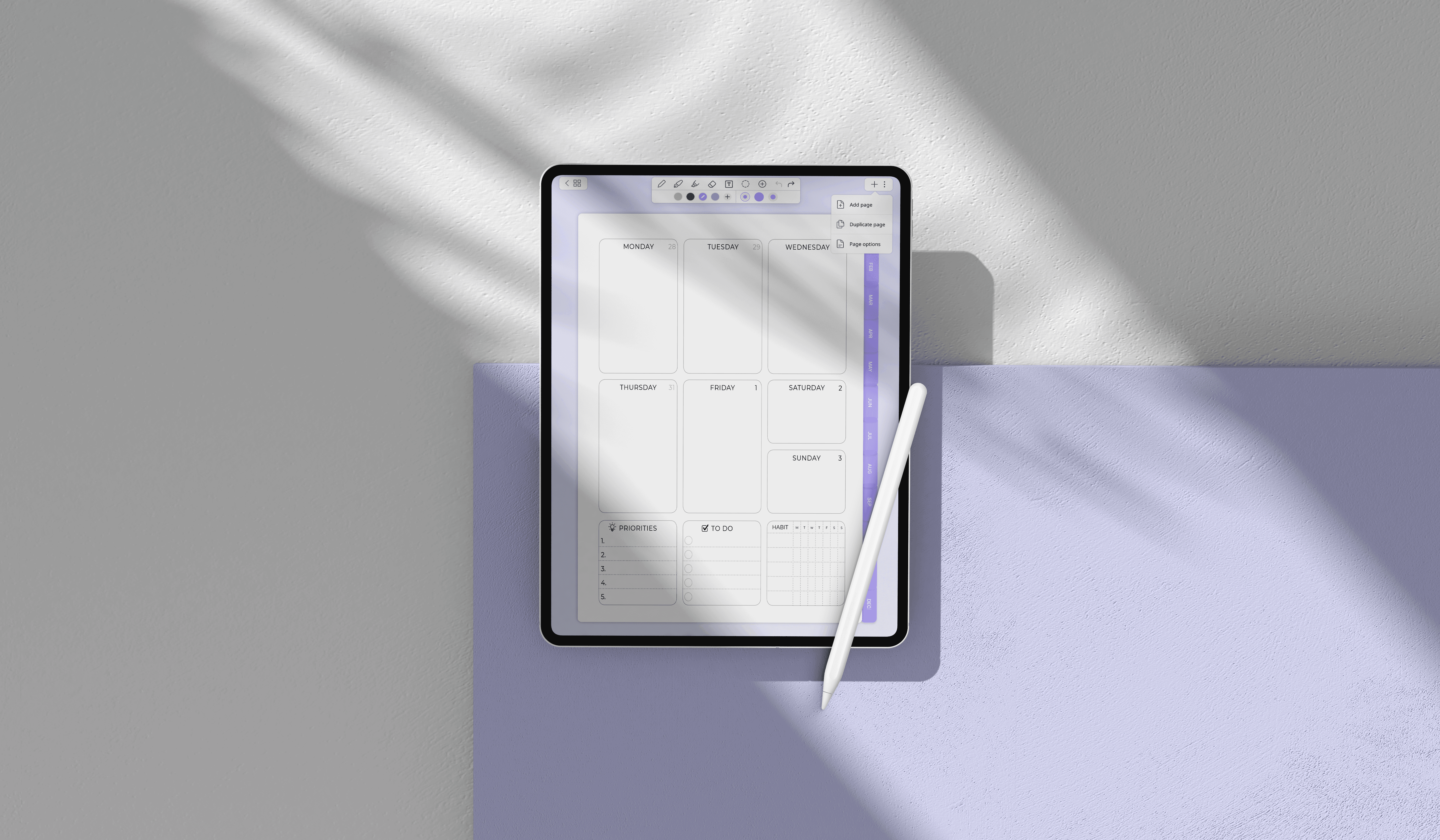 An iPad with a mind map of digital marketing on the screen lying on a wooden table.