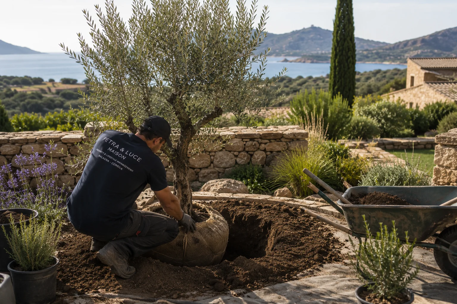 Jardinier plantant un olivier dans un jardin méditerranéen