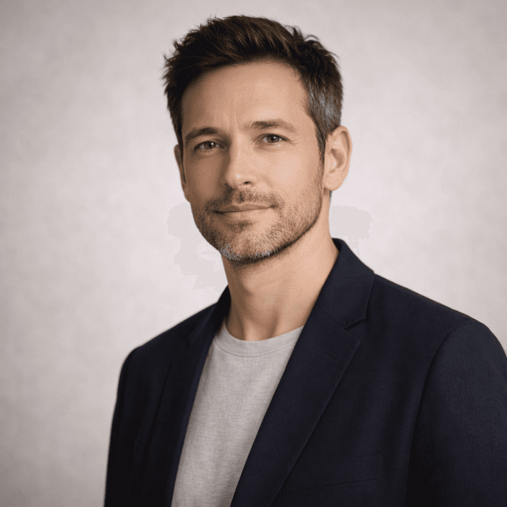 Man with short brown hair and light stubble wearing a navy blazer over a gray t-shirt, neutral studio backdrop.