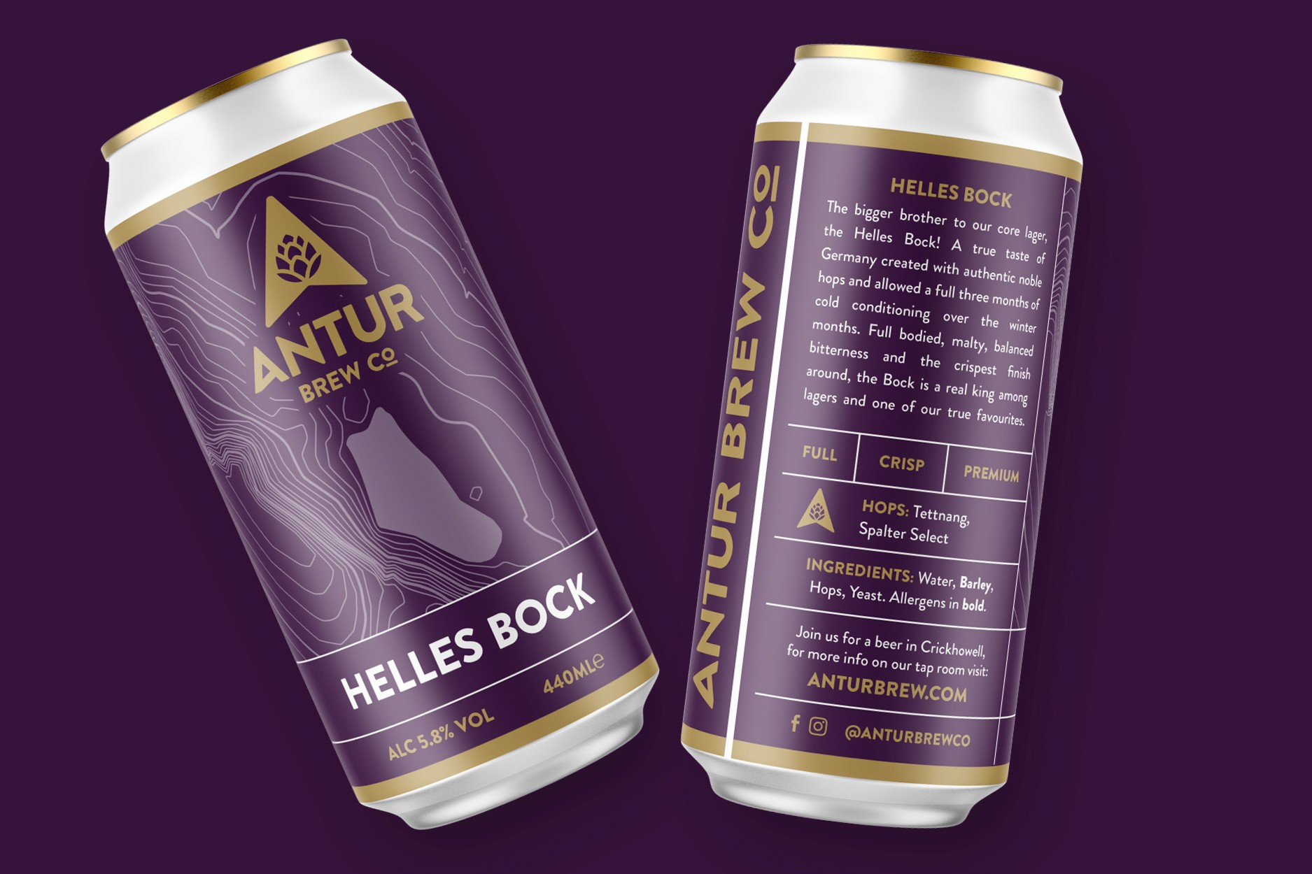 Front and back of Antur Brew Co Helles Bock can featuring a purple topographic design, product description, and ingredients list.