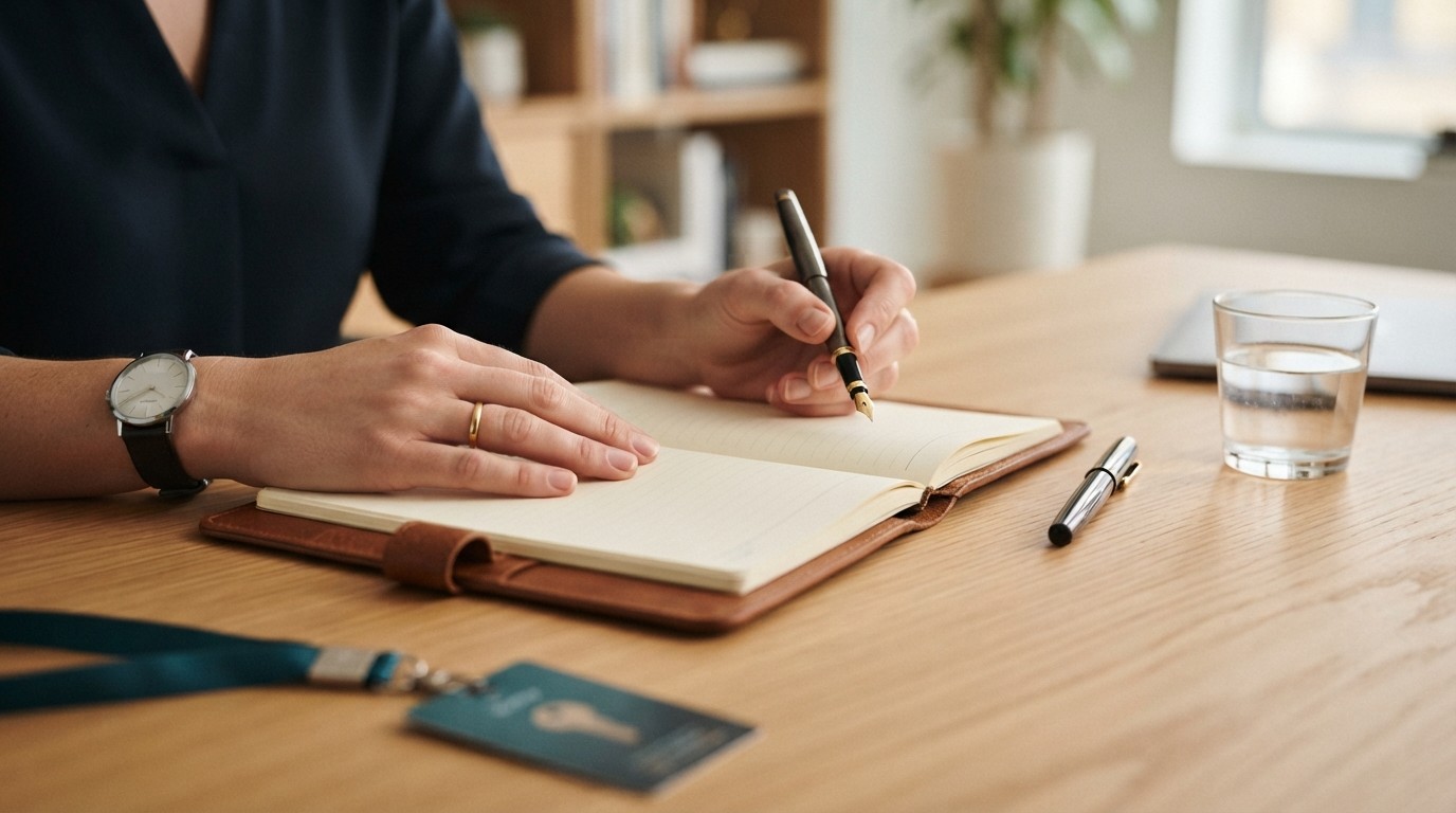 Close up of a professional taking notes at a clean desk