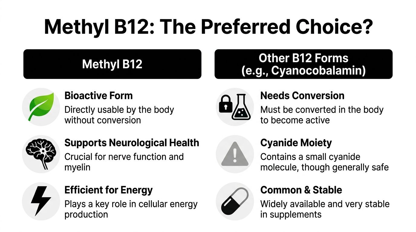 A comparison chart showing the benefits of Methyl B12 versus other forms like Cyanocobalamin for health.