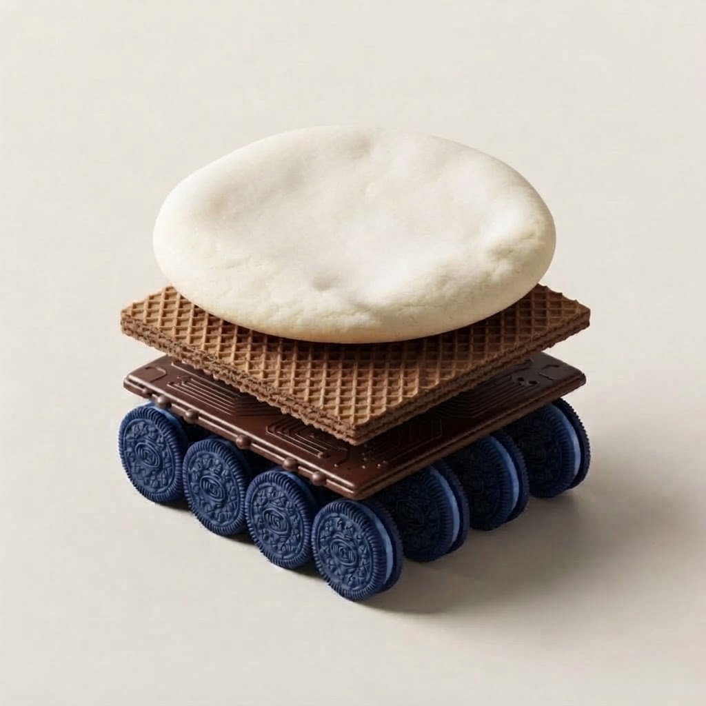 Layered s’more made with blue sandwich cookies, chocolate, a graham cracker, and a marshmallow.