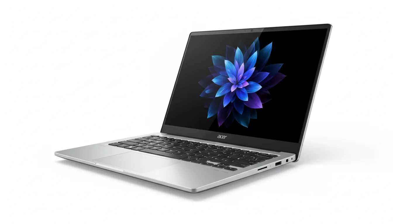 DSLR product photography of a modern, ultra-thin Acer laptop with a silver aluminum chassis, isolated on a pure white background. The laptop is open and angled to the side, showcased with soft studio lighting that creates minimal, gentle shadows. Its vibrant OLED screen displays a colorful abstract wallpaper of blue and purple floral petals against a deep black background, emphasizing high contrast. The entire object is in sharp focus, highlighting the clean design and metallic texture.