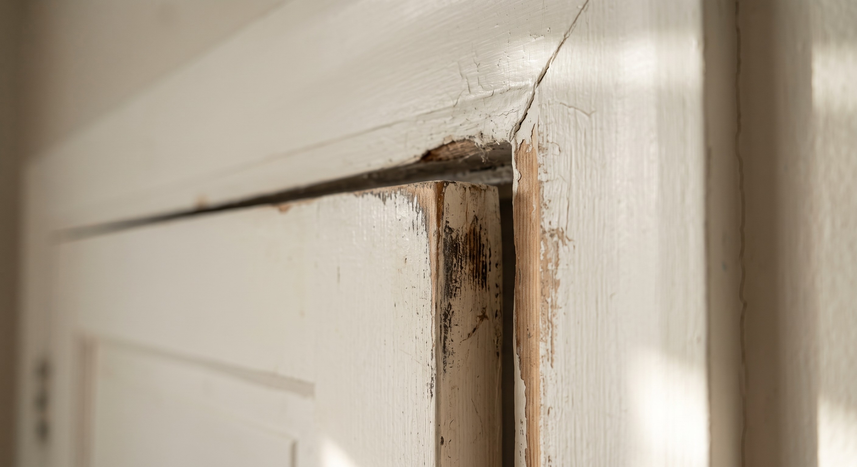 Uneven gap at the top of a door frame indicating foundation shifts or a warped jamb. The paint is slightly rubbed off where the wood has been scraping together.