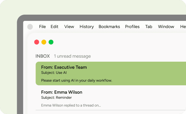 A generic executive email announcing AI adoption with no guidance, illustrating the team coordination gap Wind Stream solves
