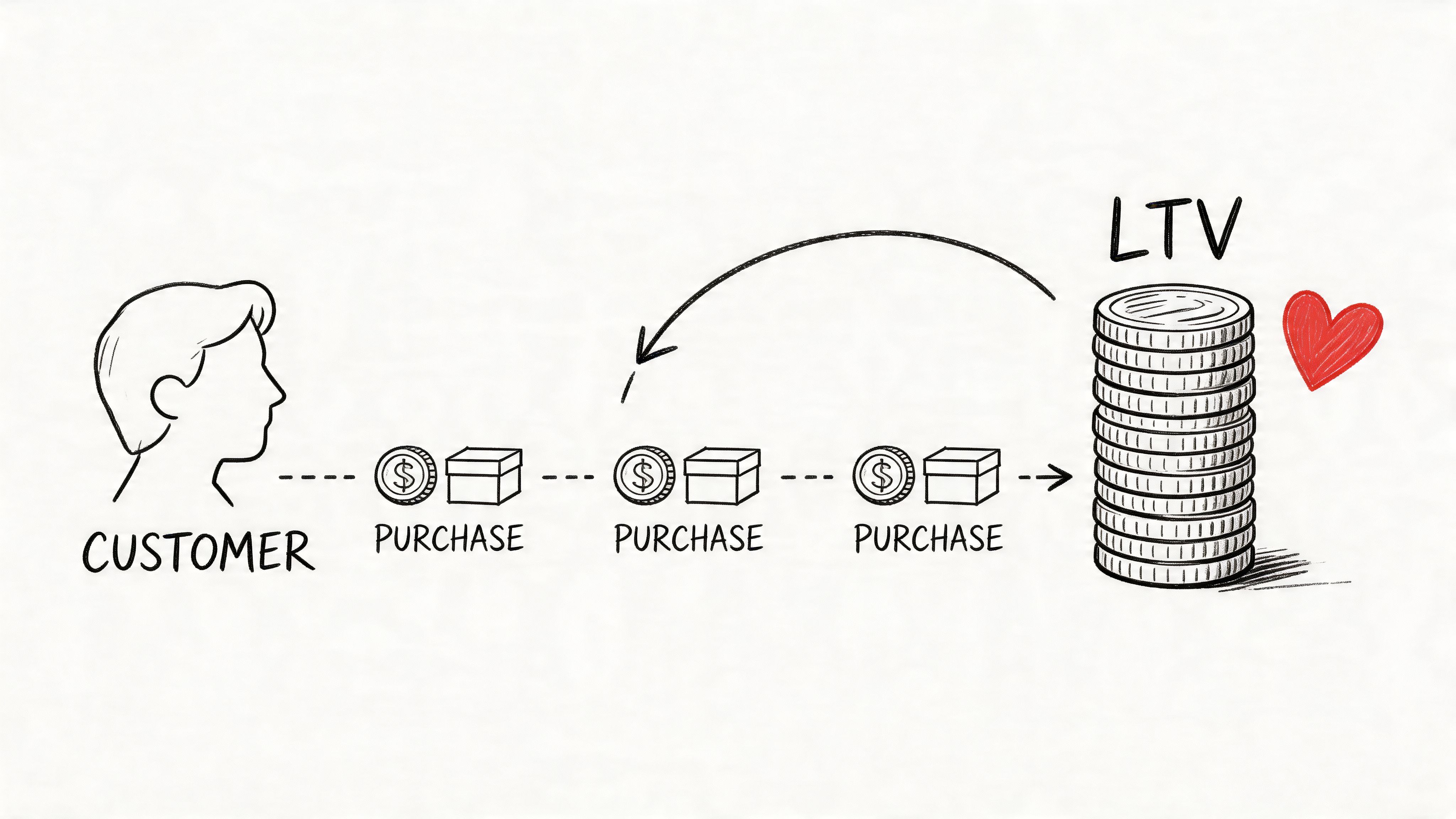 A conceptual sketch illustrating customer lifetime value through repeat purchases leading to a stack of coins.
