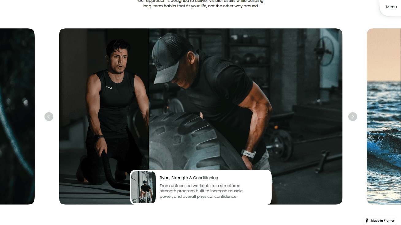Training section featuring an athlete lifting weights in a gym with program details overlaid.