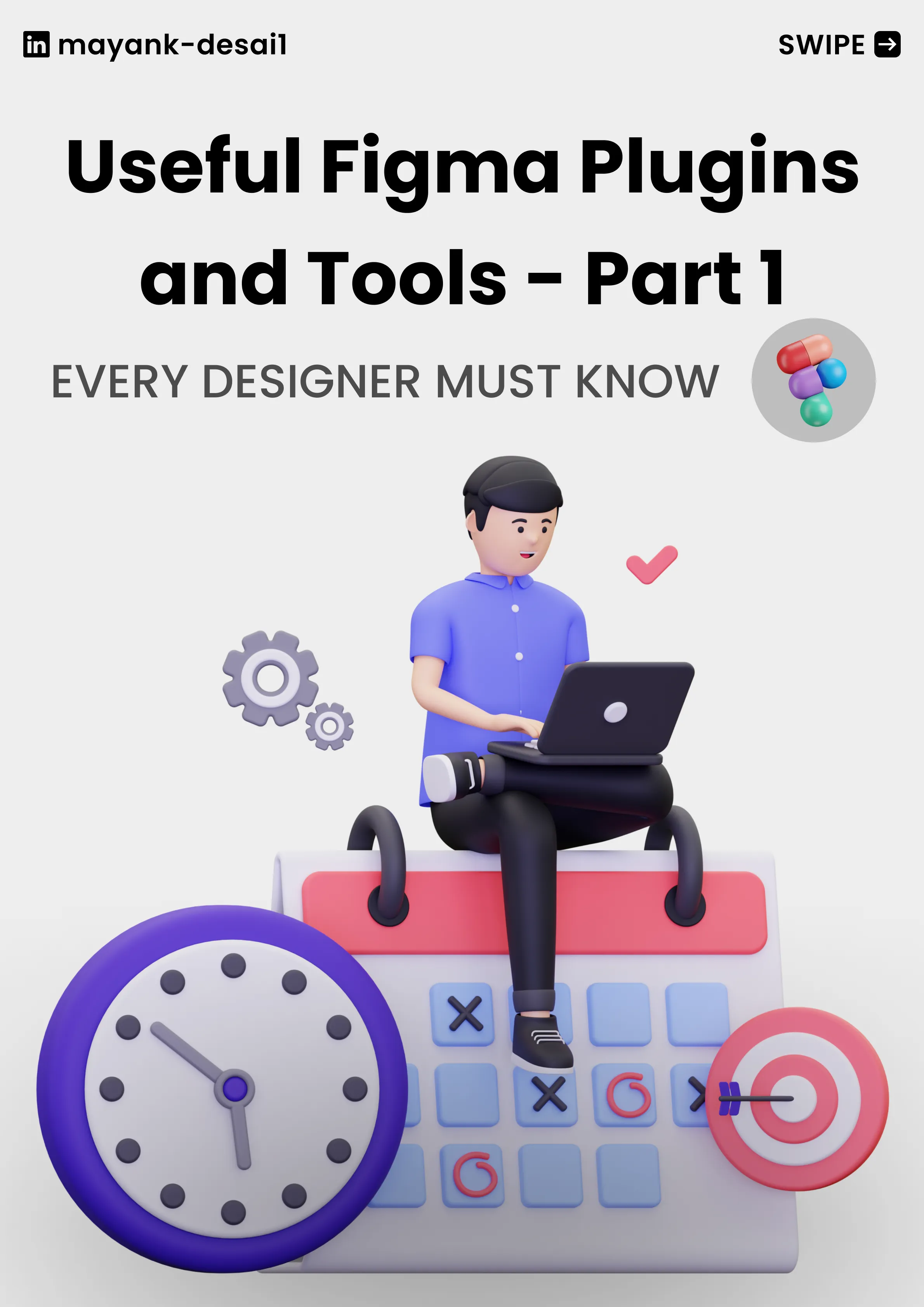 3D figure working on laptop with clock and calculator icons for Mayank Desai’s guide ‘Essential Figma Plugins That Supercharge UI/UX Design.’